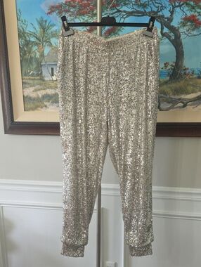 Silver Sequin Jogger Pants with Elastic Waist